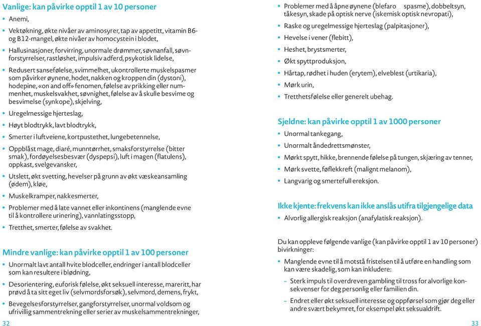 nakken og kroppen din (dystoni), hodepine, «on and off» fenomen, følelse av prikking eller nummenhet, muskelsvakhet, søvnighet, følelse av å skulle besvime og besvimelse (synkope), skjelving,