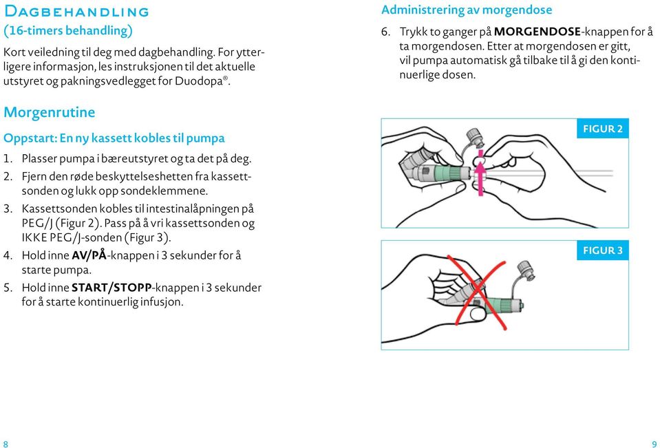 Kassettsonden kobles til intestinalåpningen på PEG/J (Figur 2). Pass på å vri kassettsonden og IKKE PEG/J-sonden (Figur 3). 4. Hold inne AV/PÅ-knappen i 3 sekunder for å starte pumpa. 5.