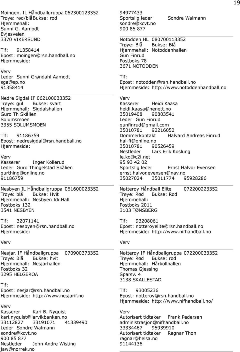 no Kasserer Inger Kollerud Leder Guro Thingelstad Skålien gurthing@online.no 91186759 Nesbyen IL Håndballgruppa 061600023352 Trøye: blå Bukse: Hvit Hjemmehall: Nesbyen Idr.