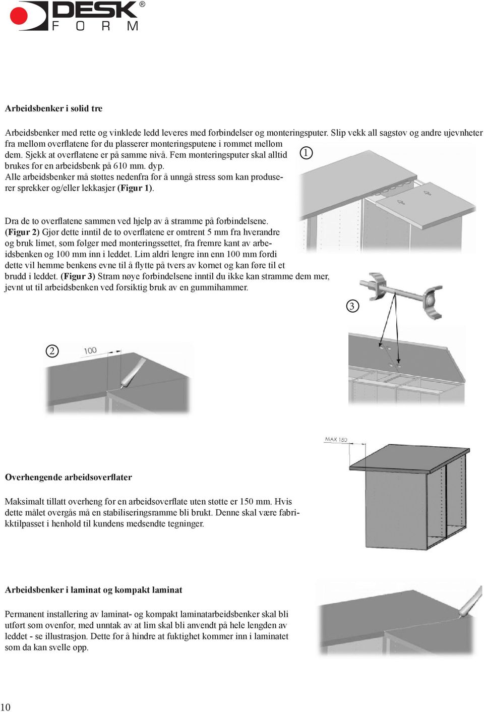 Fem monteringsputer skal alltid 1 brukes for en arbeidsbenk på 610 mm. dyp. Alle arbeidsbenker må støttes nedenfra for å unngå stress som kan produserer sprekker og/eller lekkasjer (Figur 1).