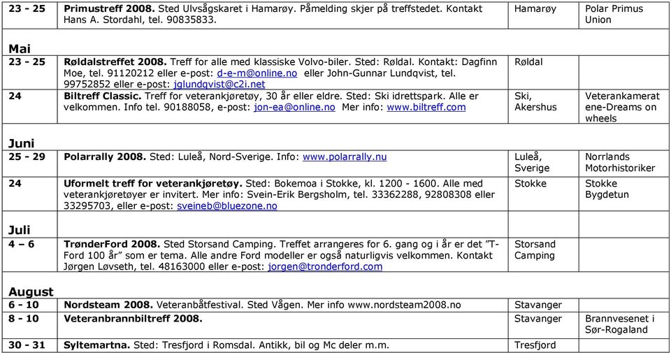 net 24 Biltreff Classic. Treff for veterankjøretøy, 30 år eller eldre. Sted: Ski idrettspark. Alle er velkommen. Info tel. 90188058, e-post: jon-ea@online.no Mer info: www.biltreff.