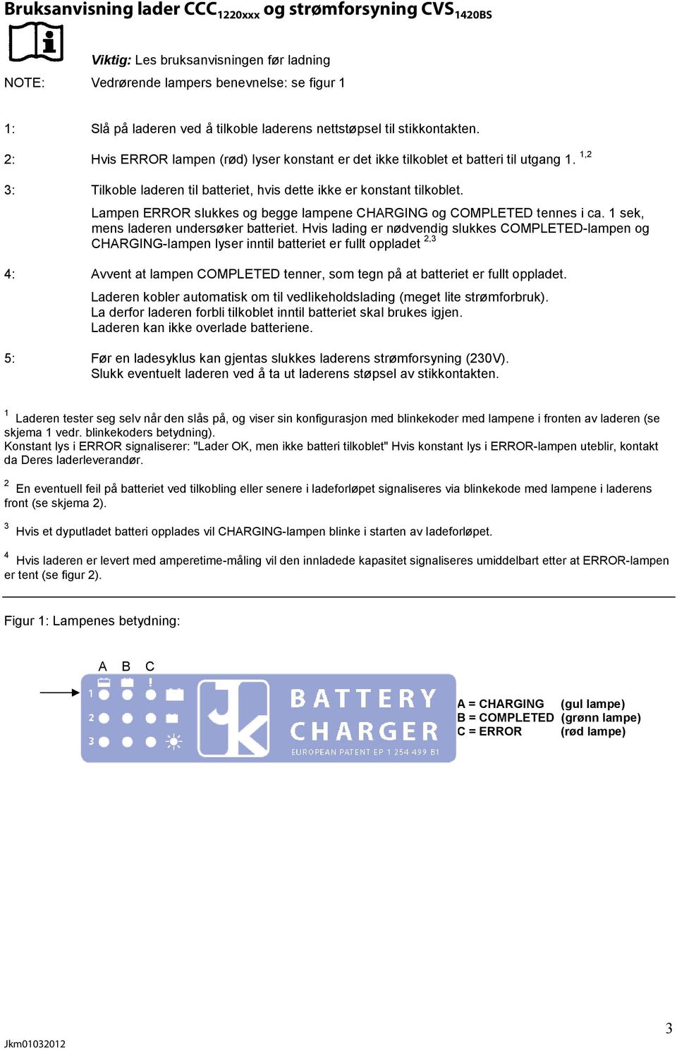 Lampen ERROR slukkes og begge lampene CHARGING og COMPLETED tennes i ca. 1 sek, mens laderen undersøker batteriet.