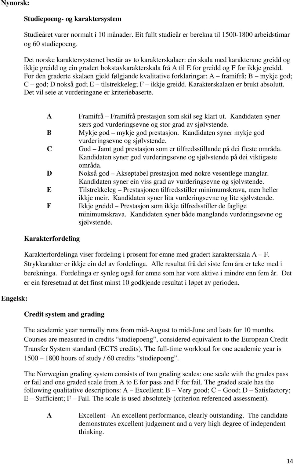 For den graderte skalaen gjeld følgjande kvalitative forklaringar: A framifrå; B mykje god; C god; D nokså god; E tilstrekkeleg; F ikkje greidd. Karakterskalaen er brukt absolutt.