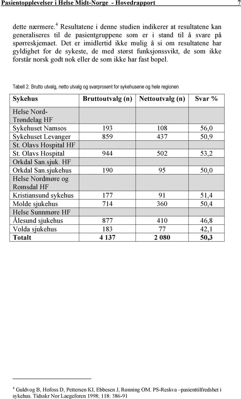 Det er imidlertid ikke mulig å si om resultatene har gyldighet for de sykeste, de med størst funksjonssvikt, de som ikke forstår norsk godt nok eller de som ikke har fast bopel. Tabell 2.