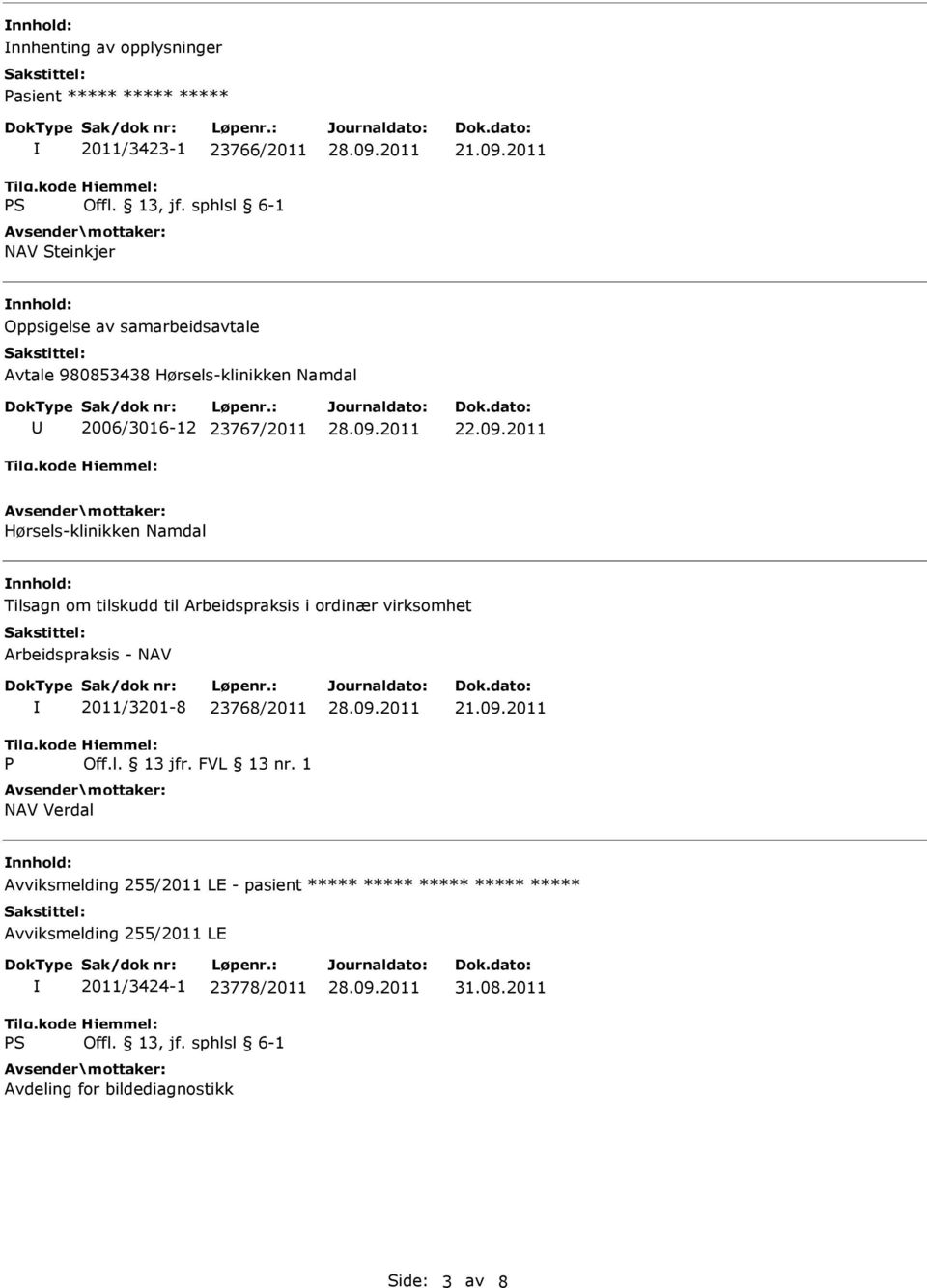 2011 Hørsels-klinikken Namdal Tilsagn om tilskudd til Arbeidspraksis i ordinær virksomhet Arbeidspraksis - NAV P 2011/3201-8