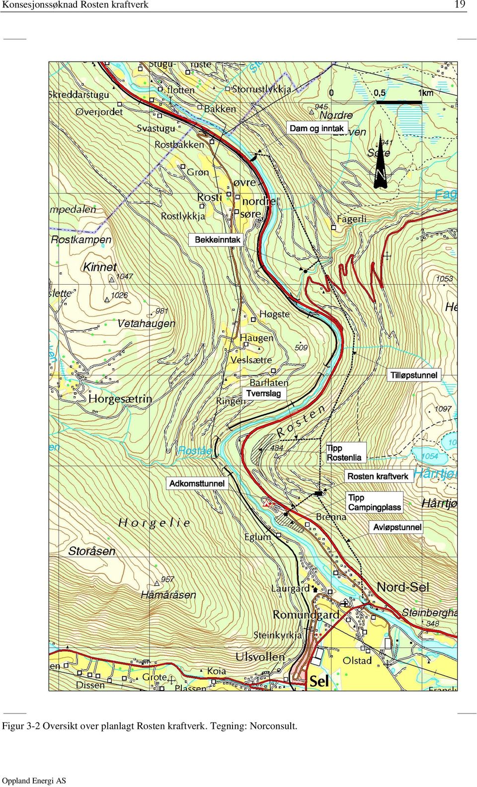 Tilløpstunnelen fra inntaket til kraftstasjonen drives fra et tverrslag i Rostenlia, ca. 800 m nord for Sandbakkenkrysset.