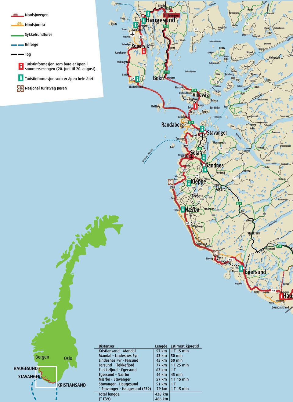 Fyr - Farsund Farsund - Flekkefjord Flekkefjord - Egersund Egersund - Nærbø Nærbø - Stavanger Stavanger - Haugesund * Stavanger - Haugesund (E39) Total