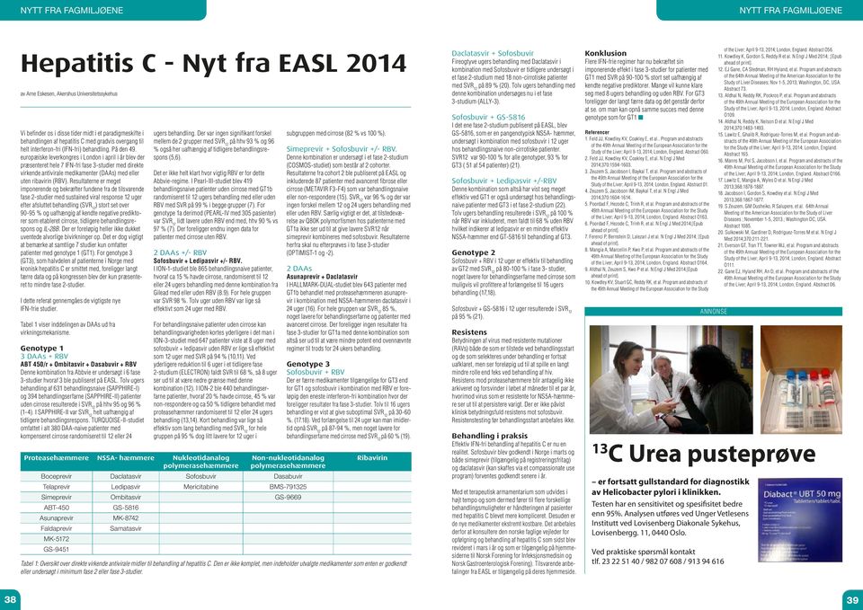 europæiske leverkongres i London i april i år blev der præsenteret hele 7 IFN-fri fase 3-studier med direkte virkende antivirale medikamenter (DAAs) med eller uten ribavirin (RBV).