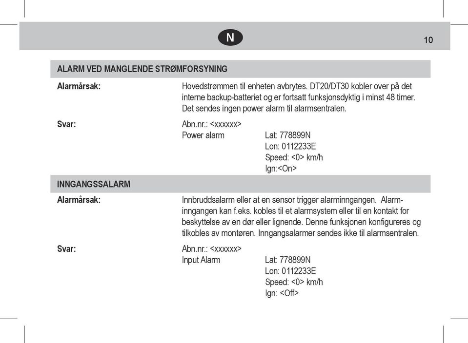: <xxxxxx> Power alarm Lat: 778899N Lon: 0112233E Speed: <0> km/h Ign:<On> Innbruddsalarm eller at en sensor trigger alarminngangen. Alarminngangen kan f.eks.