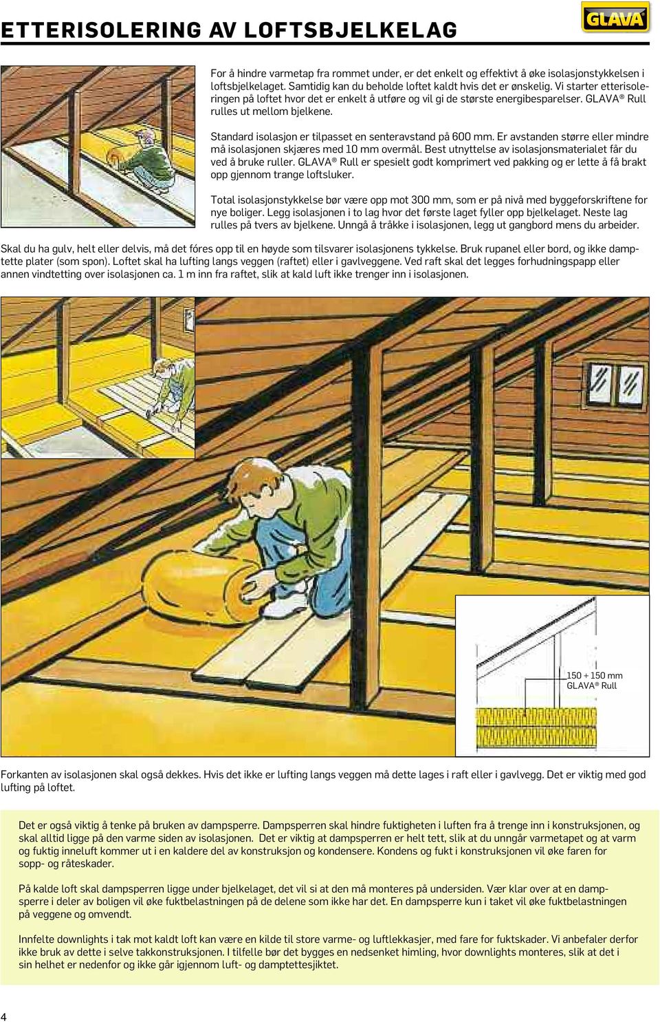 GLAVA Rull rulles ut mellom bjelkene. Standard isolasjon er tilpasset en senteravstand på 600 mm. Er avstanden større eller mindre må isolasjonen skjæres med 10 mm overmål.