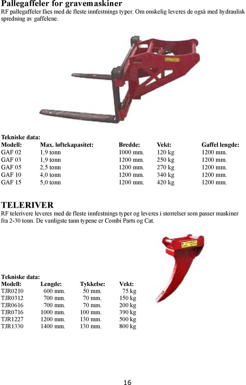 340 kg 1200 mm. GAF 15 5,0 tonn 1200 mm. 420 kg 1200 mm. TELERIVER RF telerivere leveres med de fleste innfestnings typer og leveres i størrelser som passer maskiner fra 2-30 tonn.