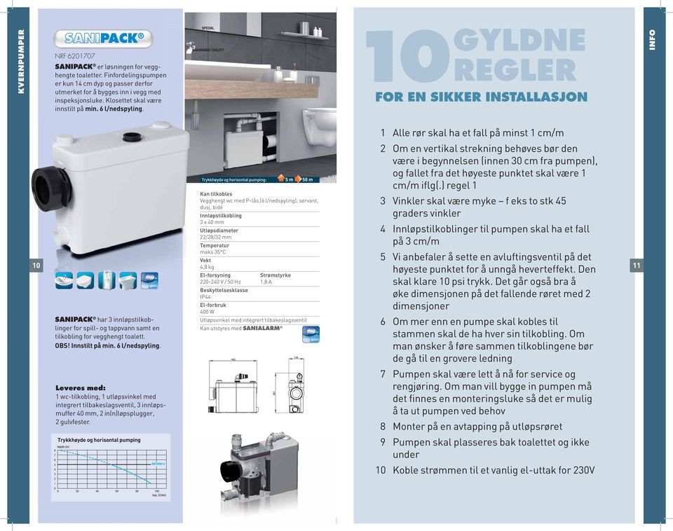 VÄGGHÄNGD TOALETT GYLDNE REGLER FOR EN SIKKER INSTALLASJON INFO Alle rør skal ha et fall på minst cm/m SANIPACK har innløpstilkoblinger for spill- og tappvann samt en tilkobling for vegghengt toalett.