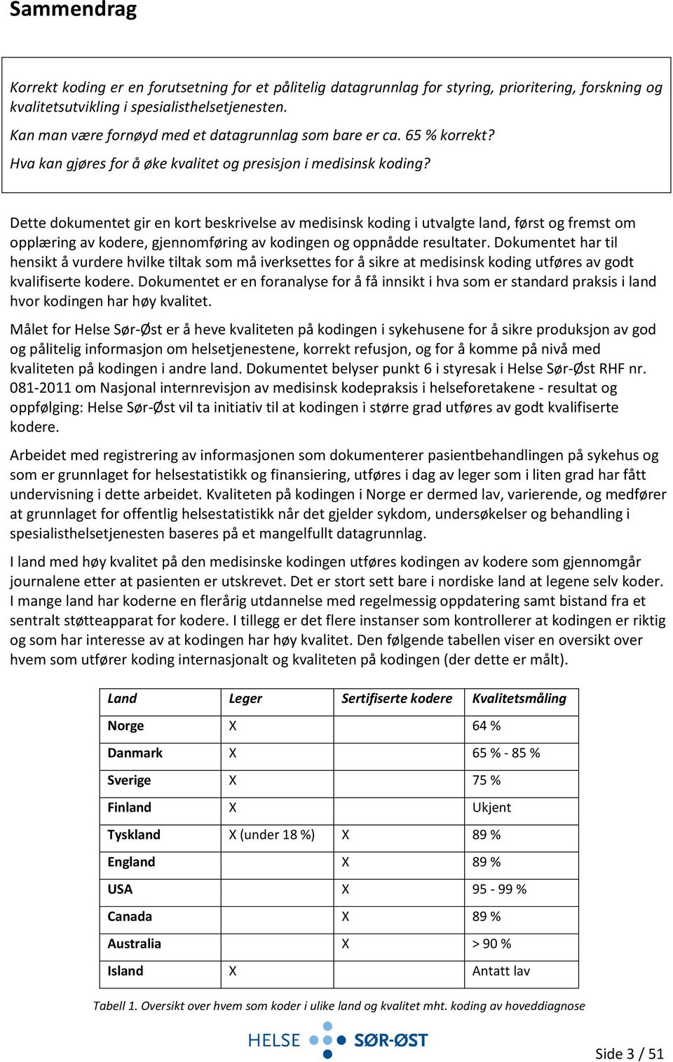 Dette dokumentet gir en kort beskrivelse av medisinsk koding i utvalgte land, først og fremst om opplæring av kodere, gjennomføring av kodingen og oppnådde resultater.