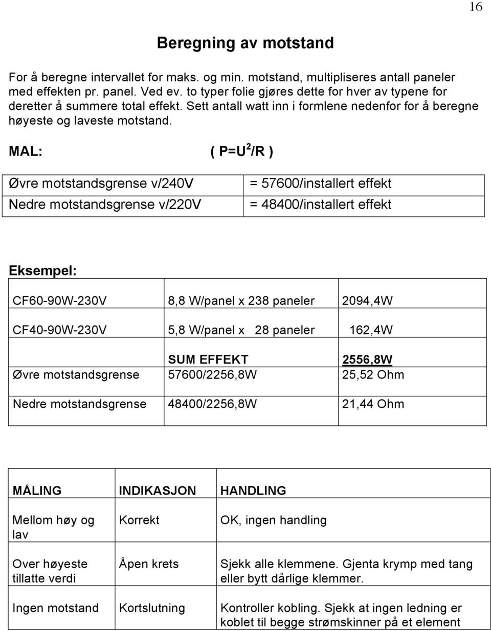 MAL: ( P=U 2 /R ) Øvre motstandsgrense v/240v Nedre motstandsgrense v/220v = 57600/installert effekt = 48400/installert effekt Eksempel: CF60-90W-230V 8,8 W/panel x 238 paneler 2094,4W CF40-90W-230V