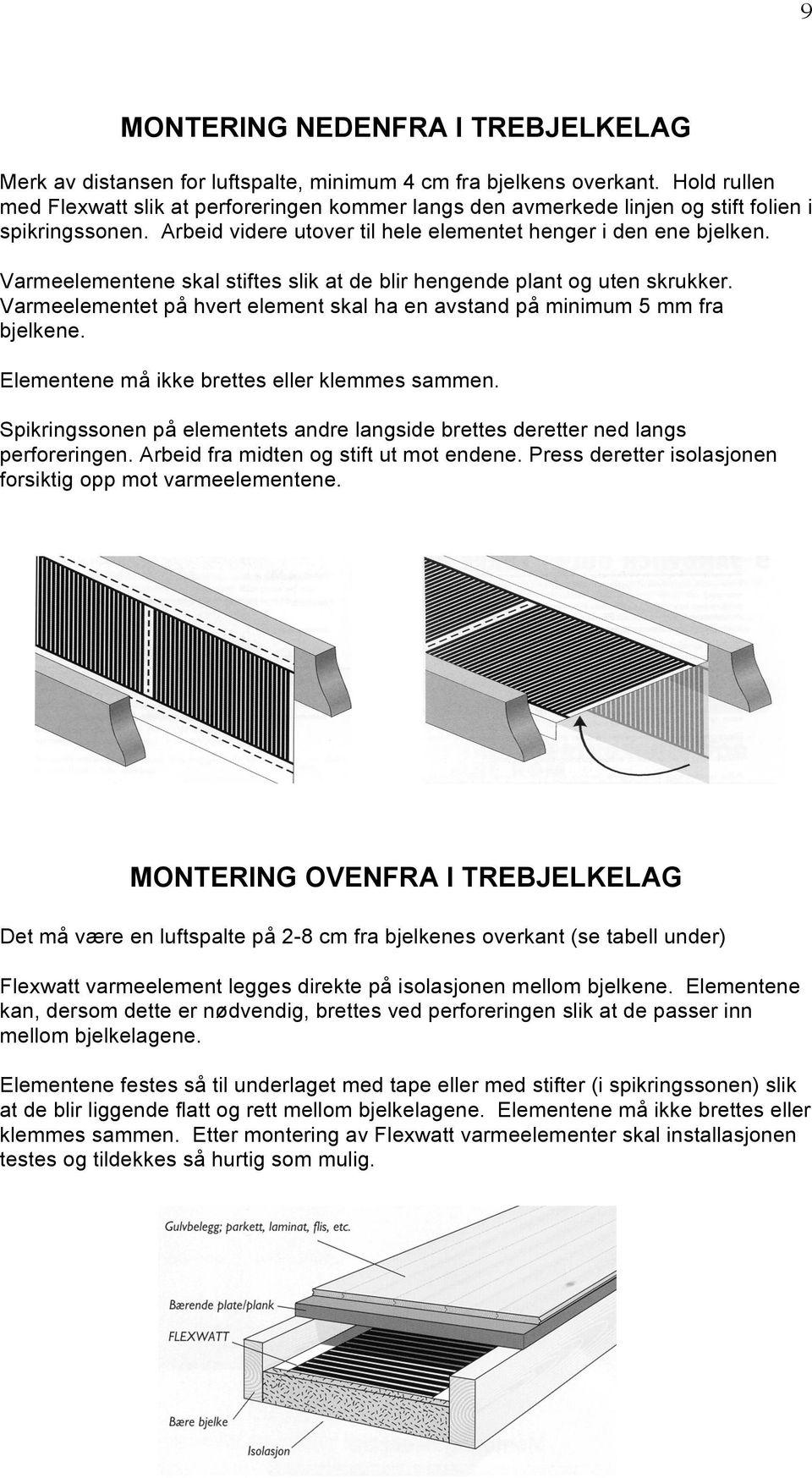 Varmeelementene skal stiftes slik at de blir hengende plant og uten skrukker. Varmeelementet på hvert element skal ha en avstand på minimum 5 mm fra bjelkene.