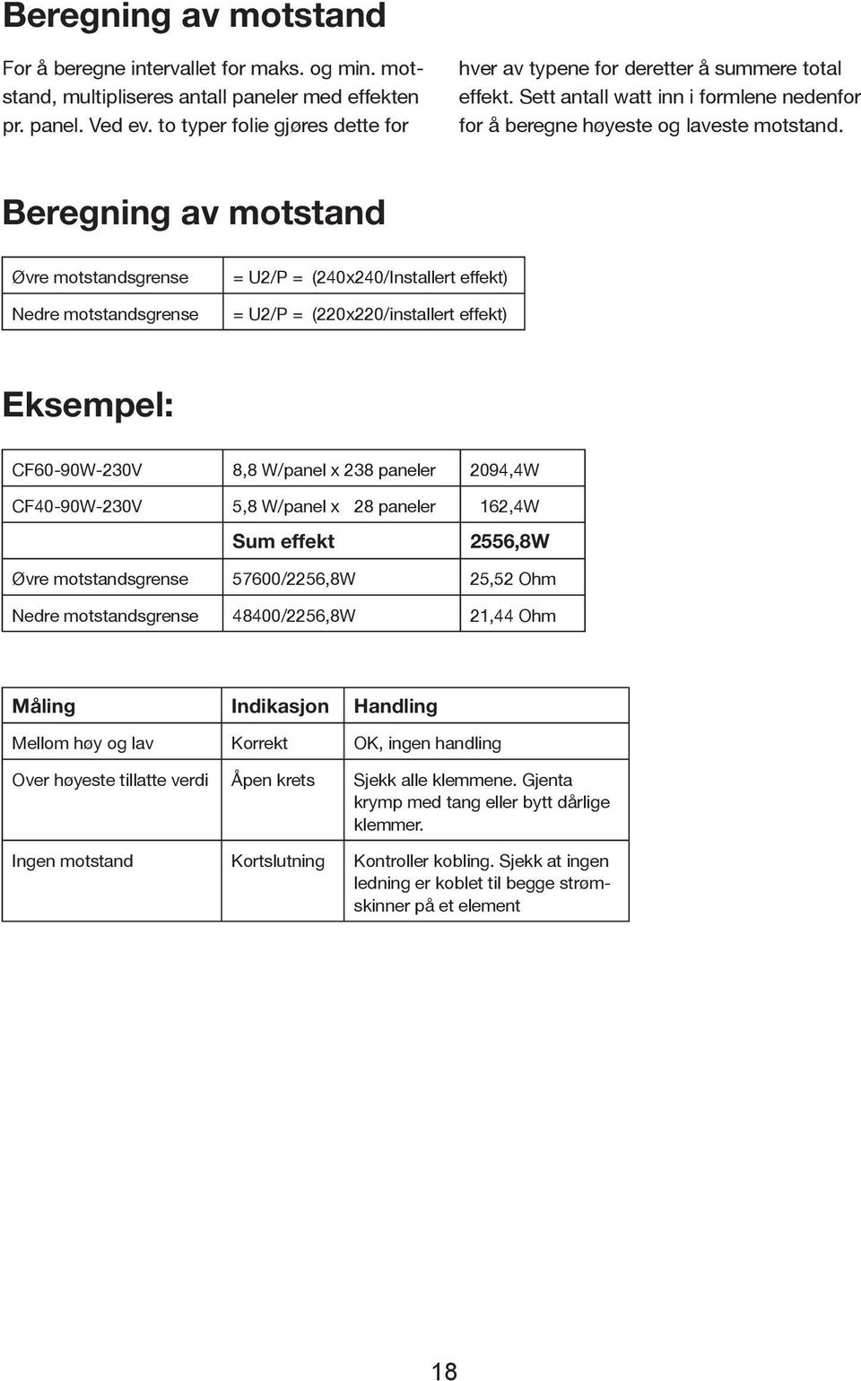 Beregning av motstand Øvre motstandsgrense Nedre motstandsgrense = U2/P = (240x240/Installert effekt) = U2/P = (220x220/installert effekt) Eksempel: CF60-90W-230V 8,8 W/panel x 238 paneler 2094,4W