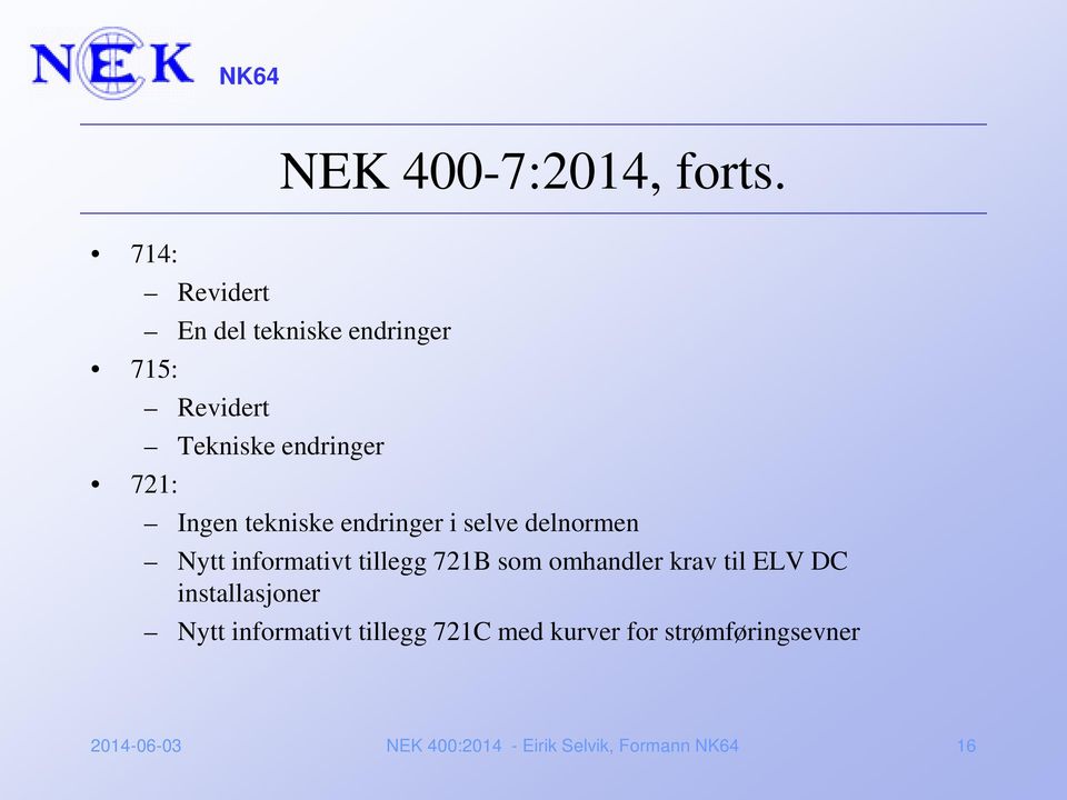 tekniske endringer i selve delnormen Nytt informativt tillegg 721B som omhandler