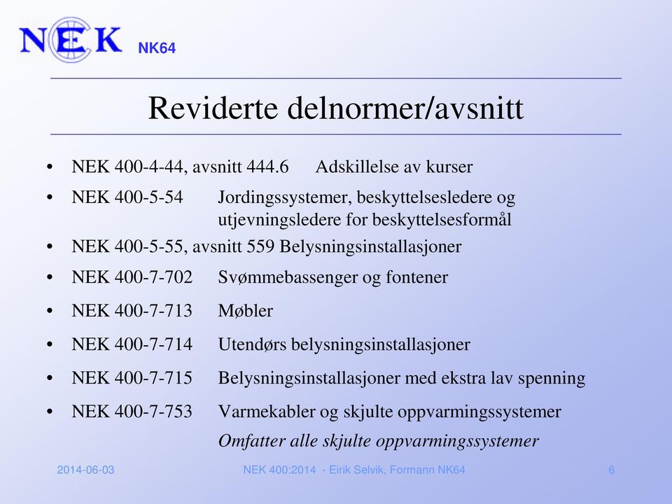 avsnitt 559 Belysningsinstallasjoner NEK 400-7-702 Svømmebassenger og fontener NEK 400-7-713 Møbler NEK 400-7-714 Utendørs