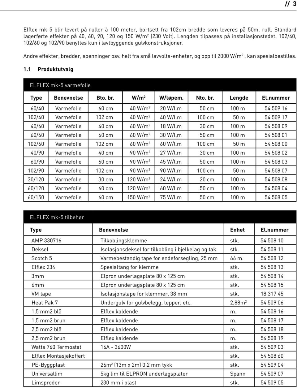 helt fra små lavvolts-enheter, og opp til 2000 W/m 2, kan spesialbestilles. 1.1 Produktutvalg ELFLEX mk-5 varmefolie Type Benevnelse Bto. br. W/m 2 W/løpem. Nto. br. Lengde El.