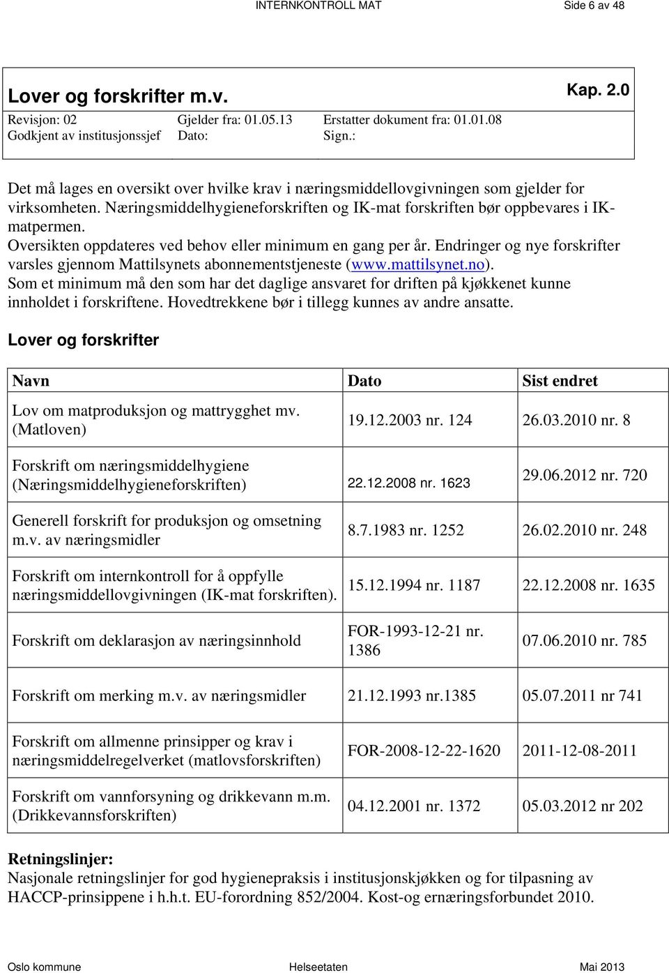 Oversikten oppdateres ved behov eller minimum en gang per år. Endringer og nye forskrifter varsles gjennom Mattilsynets abonnementstjeneste (www.mattilsynet.no).