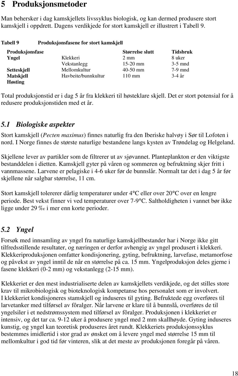 Havbeite/bunnkultur 110 mm 3-4 år Høsting Total produksjonstid er i dag 5 år fra klekkeri til høsteklare skjell. Det er stort potensial for å redusere produksjonstiden med et år. 5.1 Biologiske aspekter Stort kamskjell (Pecten maximus) finnes naturlig fra den Iberiske halvøy i Sør til Lofoten i nord.