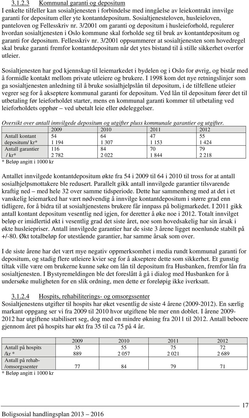 3/2001 om garanti og depositum i husleieforhold, regulerer hvordan sosialtjenesten i Oslo kommune skal forholde seg til bruk av kontantdepositum og garanti for depositum. Fellesskriv nr.