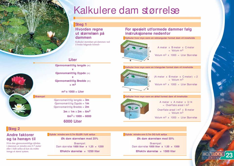 x 000 = Liter Størrelse Kalkuler hvor mye vann en triangulær formet dam vil inneholde (A meter x B meter x C meter) = Volum m Volum m x 000 = Liter Størrelse m x 000 = Liter B A Eksempel