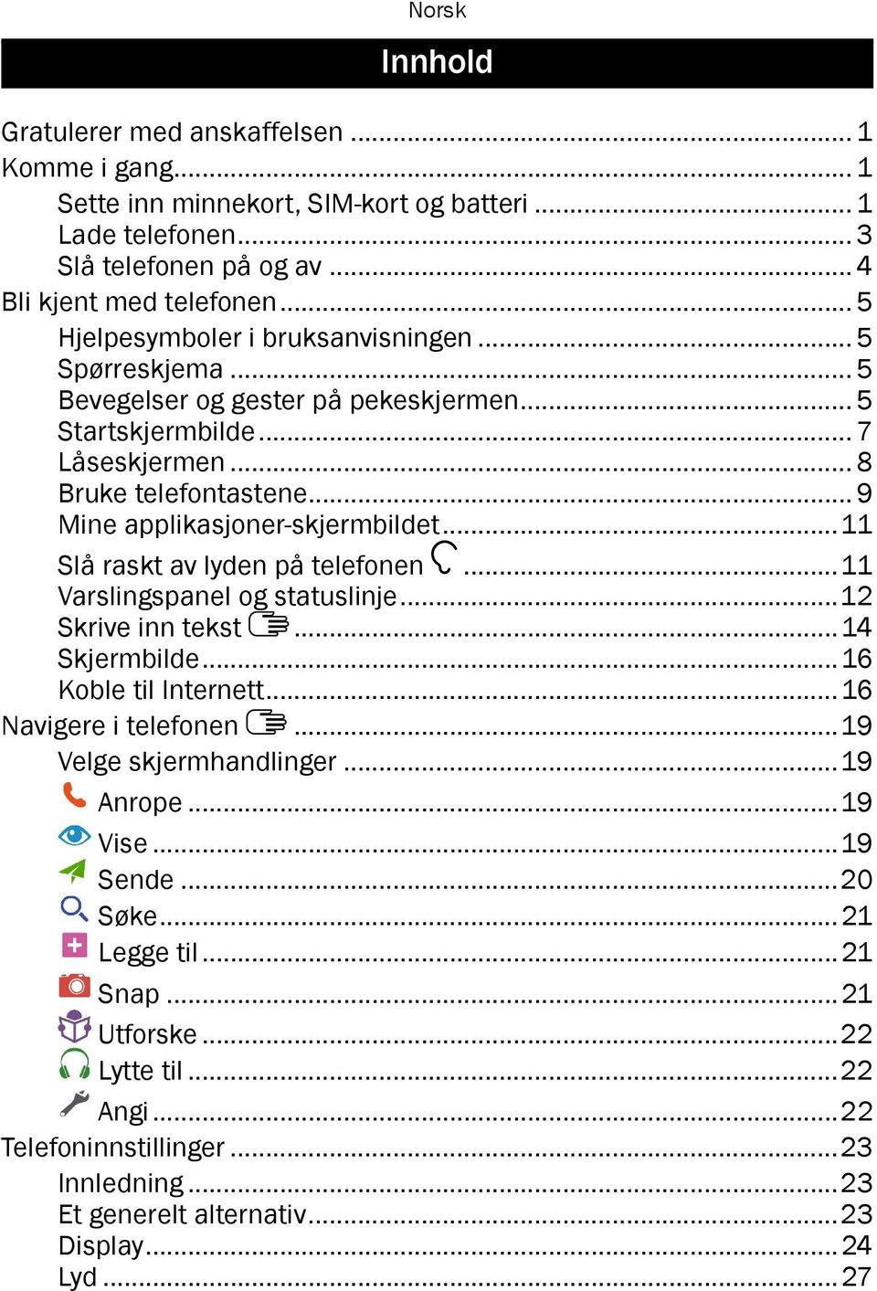 .. 9 Mine applikasjoner-skjermbildet...11 Slå raskt av lyden på telefonen...11 Varslingspanel og statuslinje...12 Skrive inn tekst...14 Skjermbilde...16 Koble til Internett.