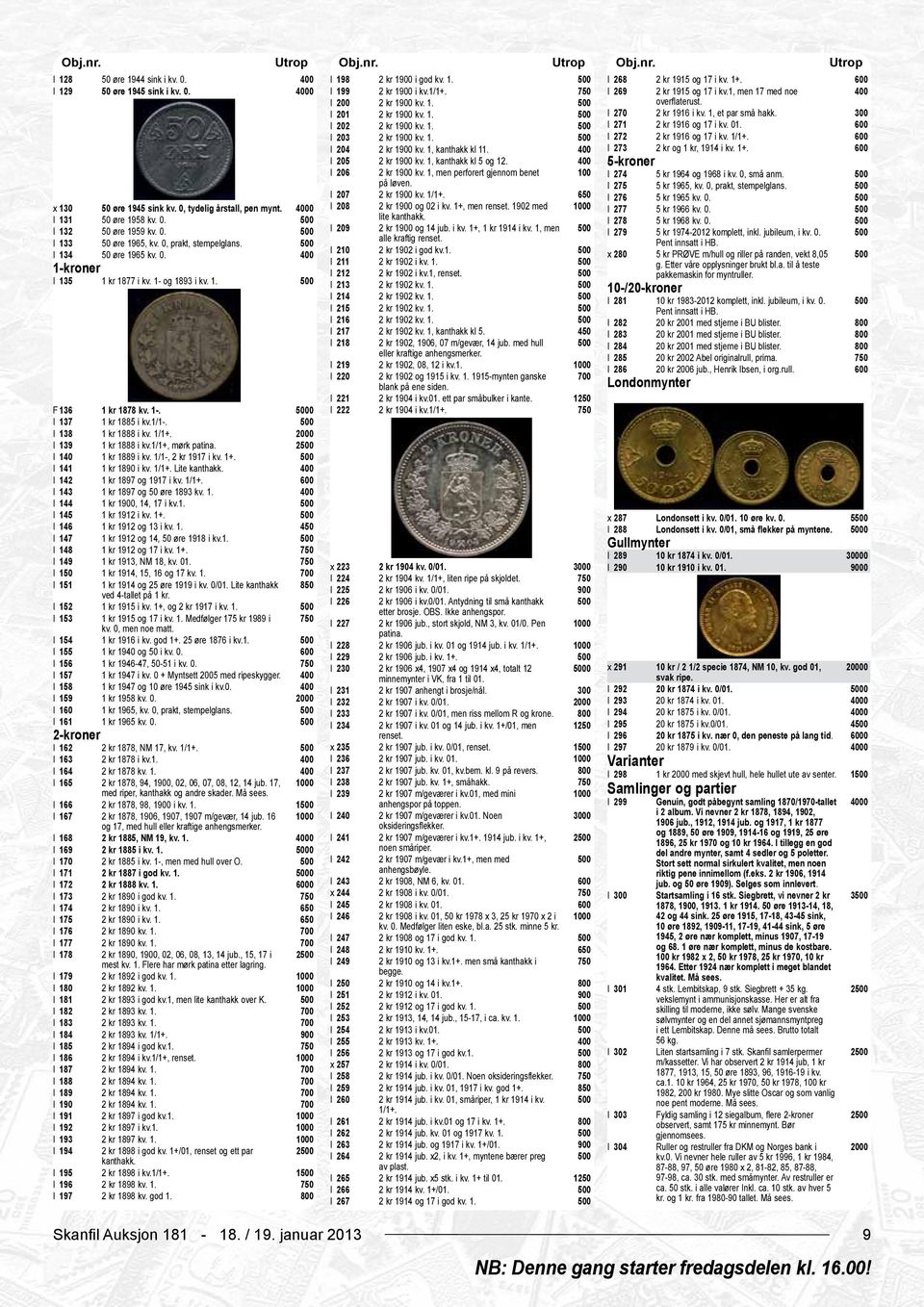 x 130 50 øre 1945 sink kv. 0, tydelig årstall, pen mynt. 0 I 131 50 øre 1958 kv. 0. I 132 50 øre 1959 kv. 0. I 133 50 øre 1965, kv. 0, prakt, stempelglans. I 134 50 øre 1965 kv. 0. 1-kroner I 135 1 kr 1877 i kv.