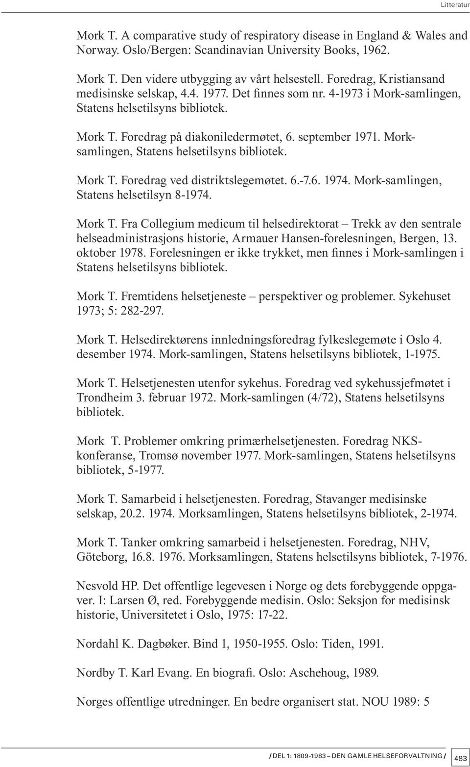 Morksamlingen, Statens helsetilsyns bibliotek. Mork T. Foredrag ved distriktslegemøtet. 6.-7.6. 1974. Mork-samlingen, Statens helsetilsyn 8-1974. Mork T. Fra Collegium medicum til helsedirektorat Trekk av den sentrale helseadministrasjons historie, Armauer Hansen-forelesningen, Bergen, 13.