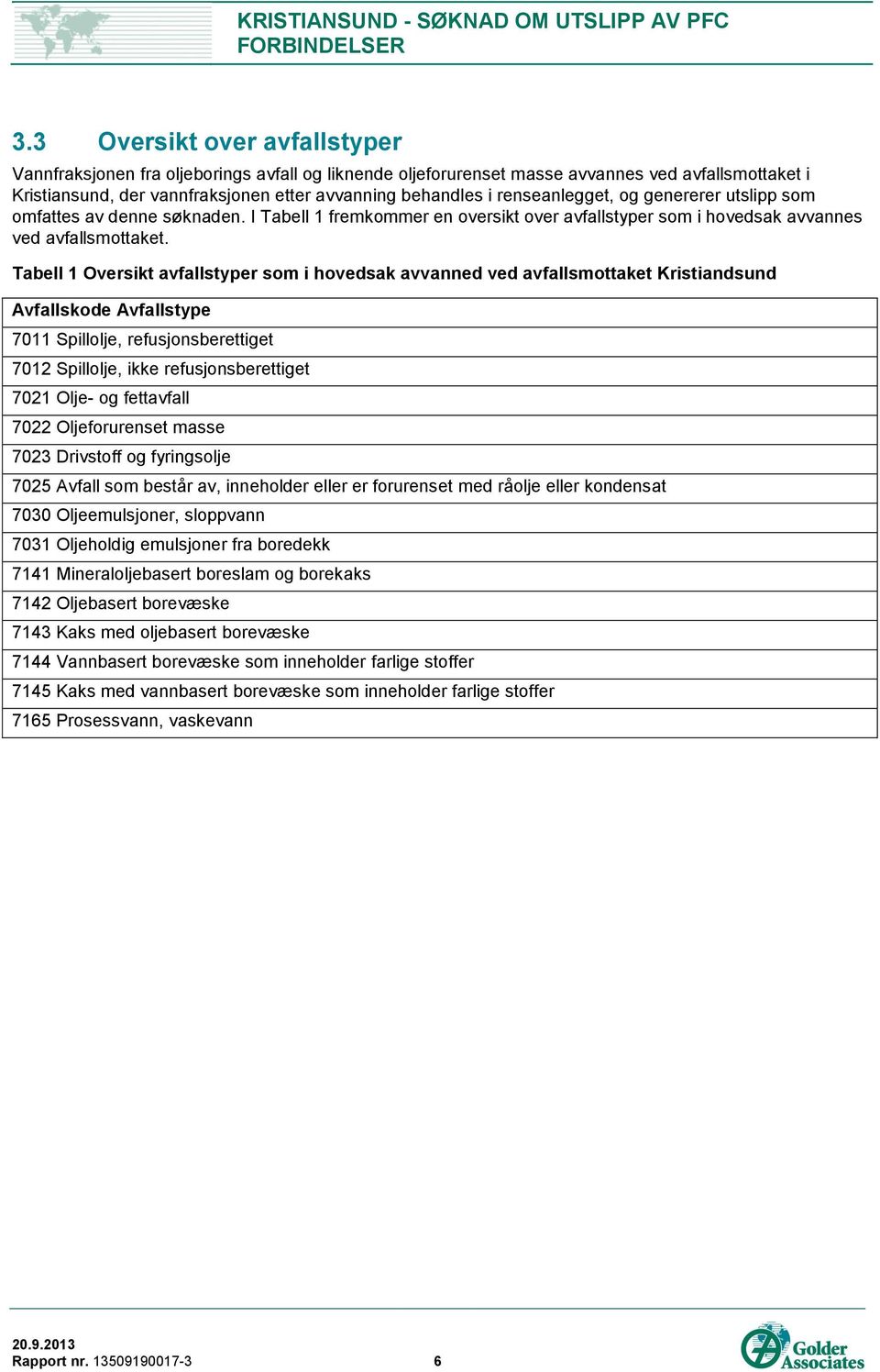 Tabell 1 Oversikt avfallstyper som i hovedsak avvanned ved avfallsmottaket Kristiandsund Avfallskode Avfallstype 7011 Spillolje, refusjonsberettiget 7012 Spillolje, ikke refusjonsberettiget 7021