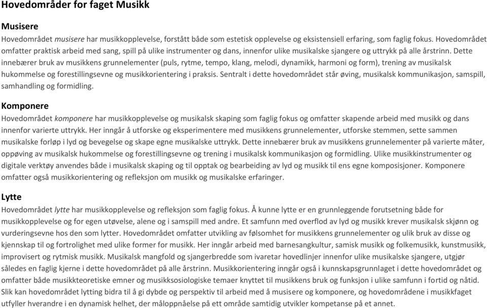 Dette innebærer bruk av musikkens grunnelementer (puls, rytme, tempo, klang, melodi, dynamikk, harmoni og form), trening av musikalsk hukommelse og forestillingsevne og musikkorientering i praksis.