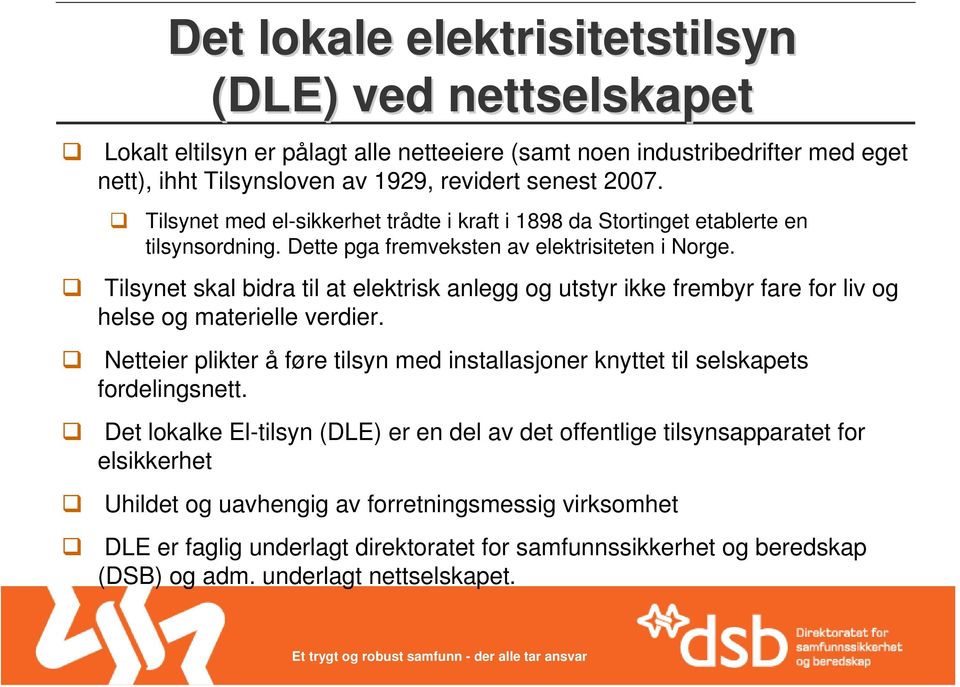 Tilsynet skal bidra til at elektrisk anlegg og utstyr ikke frembyr fare for liv og helse og materielle verdier. Netteier plikter å føre tilsyn med installasjoner knyttet til selskapets fordelingsnett.