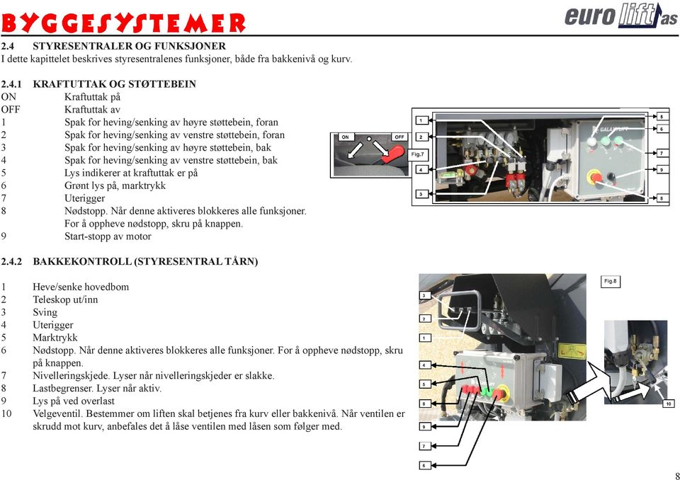 bak 5 Lys indikerer at kraftuttak er på 6 Grønt lys på, marktrykk 7 Uterigger 8 Nødstopp. Når denne aktiveres blokkeres alle funksjoner. For å oppheve nødstopp, skru på knappen.