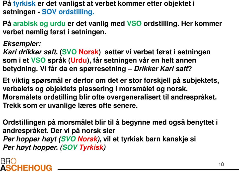 Et viktig spørsmål er derfor om det er stor forskjell på subjektets, verbalets og objektets plassering i morsmålet og norsk. Morsmålets ordstilling blir ofte overgeneralisert til andrespråket.