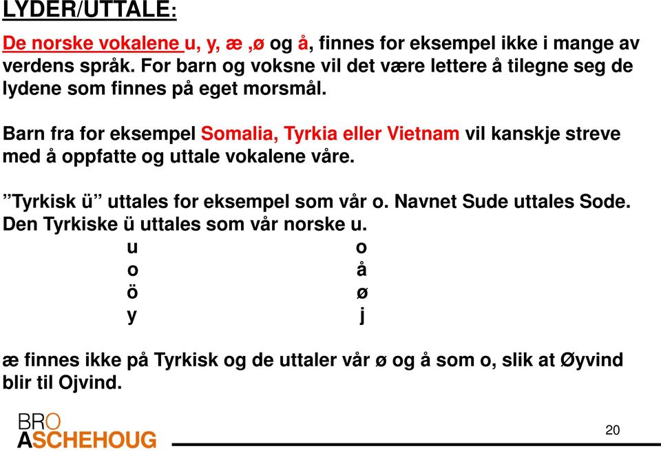 Barn fra for eksempel Somalia, Tyrkia eller Vietnam vil kanskje streve med å oppfatte og uttale vokalene våre.