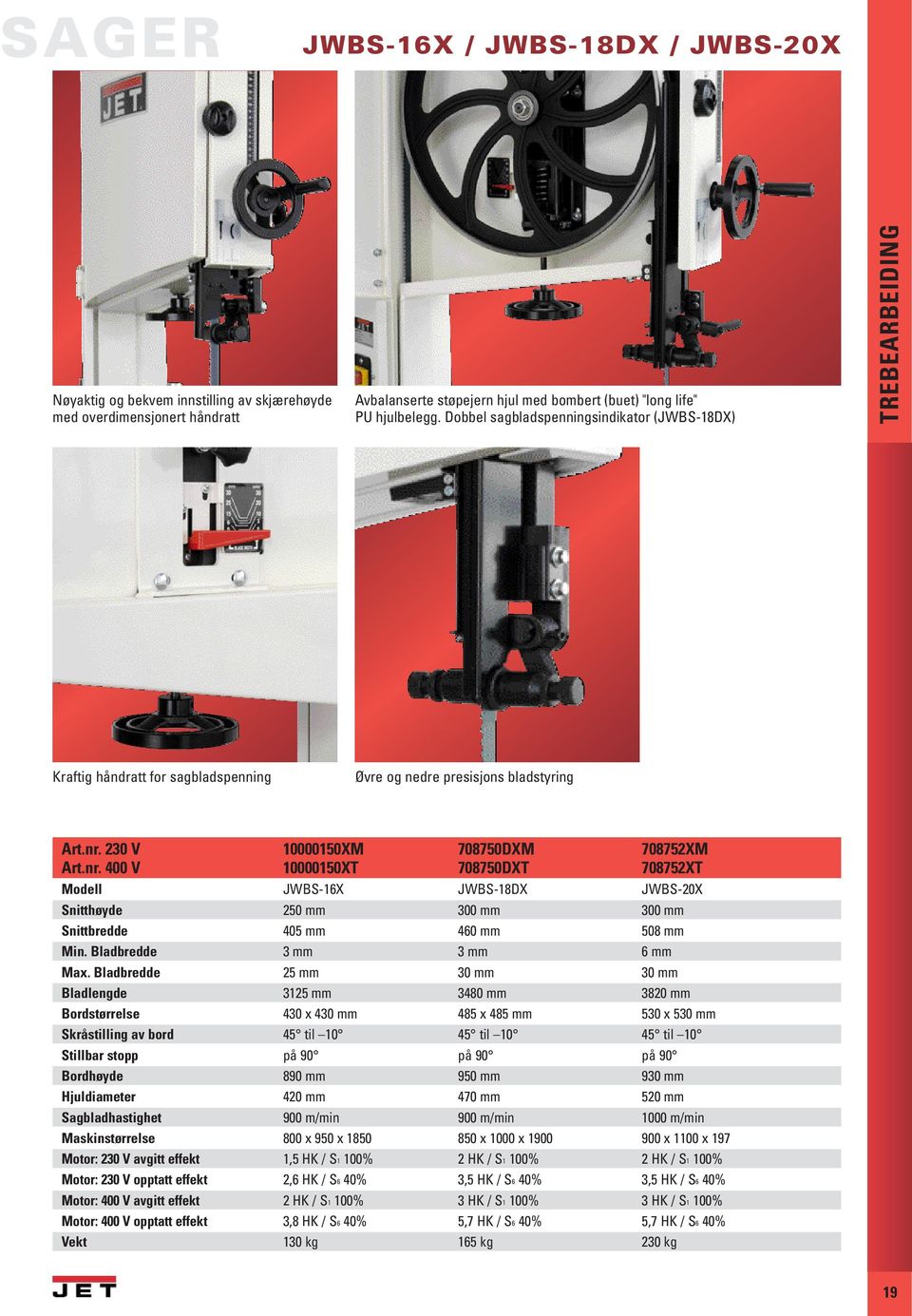 400 V 10000150XT 708750DXT 708752XT JWBS-16X JWBS-18DX JWBS-20X Snitthøyde 250 mm 300 mm 300 mm Snittbredde 405 mm 460 mm 508 mm Min. Bladbredde 3 mm 3 mm 6 mm Max.