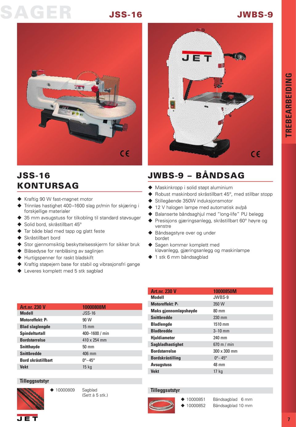 Hurtigspenner for raskt bladskift Kraftig støpejern base for stabil og vibrasjonsfri gange Leveres komplett med 5 stk sagblad JWBS-9 BÅNDSAG Maskinkropp i solid støpt aluminium Robust maskinbord