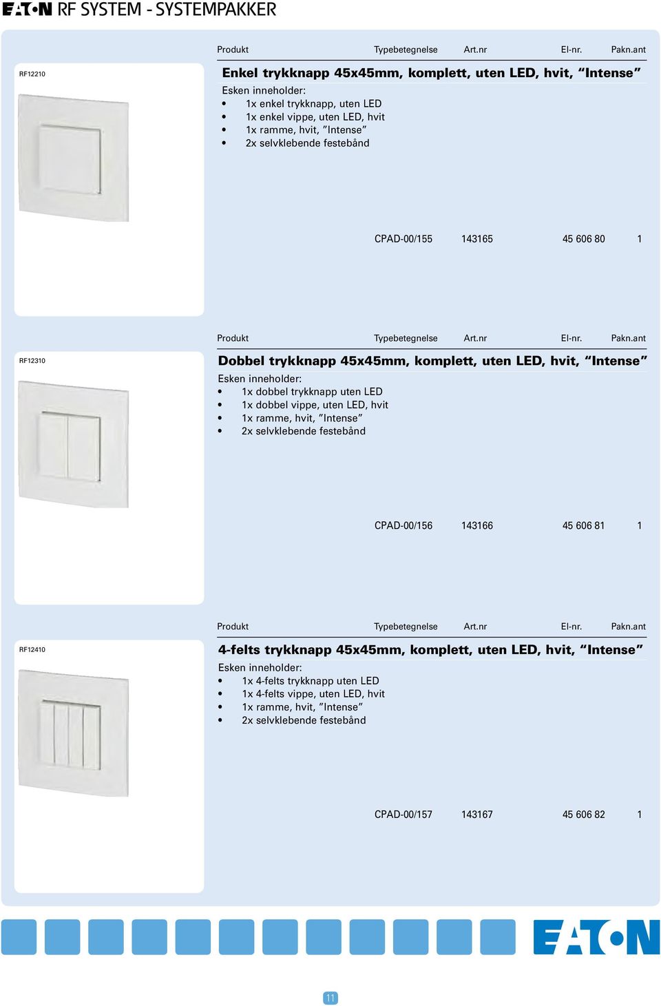 trykknapp uten LED 1x dobbel vippe, uten LED, hvit 1x ramme, hvit, Intense 2x selvklebende festebånd CPAD-00/156 143166 45 606 81 1 RF12410 4-felts trykknapp 45x45mm, komplett,