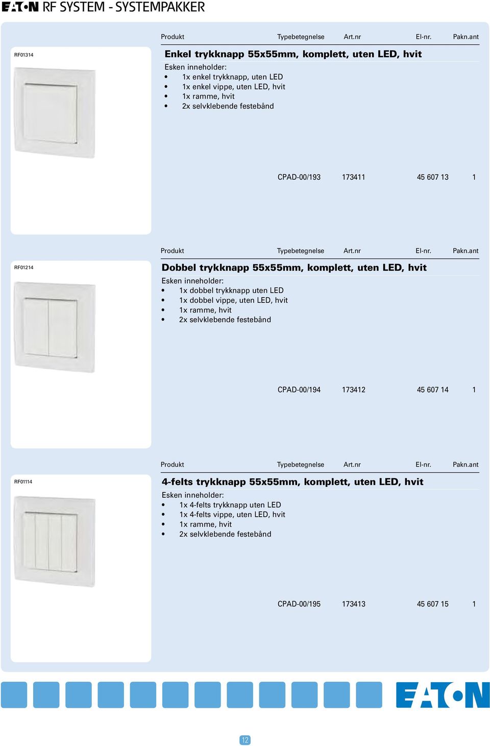 trykknapp uten LED 1x dobbel vippe, uten LED, hvit 1x ramme, hvit 2x selvklebende festebånd CPAD-00/194 173412 45 607 14 1 RF01114 4-felts trykknapp 55x55mm,