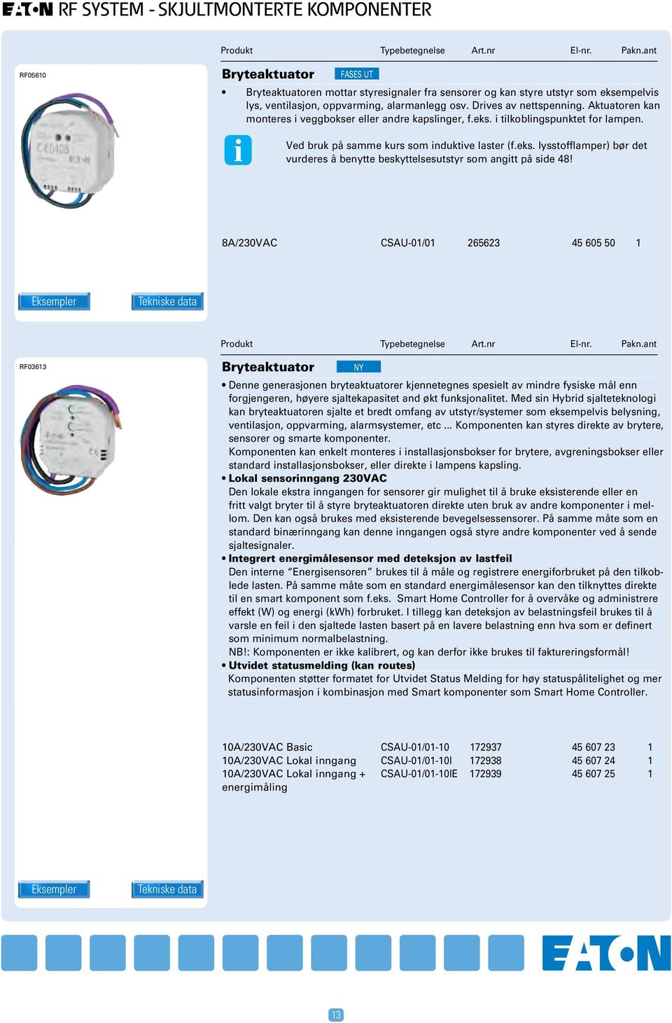 8A/230VAC CSAU-01/01 265623 45 605 50 1 Eksempler RF03613 Bryteaktuator NY Denne generasjonen bryteaktuatorer kjennetegnes spesielt av mindre fysiske mål enn forgjengeren, høyere sjaltekapasitet and