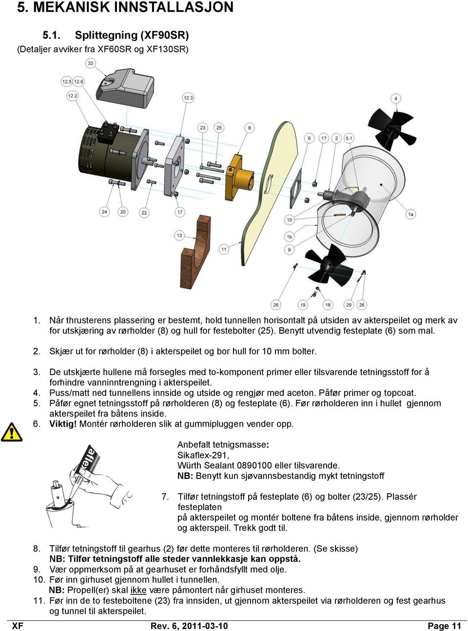 Benytt utvendig festeplate (6) som mal. 2. Skjær ut for rørholder (8) i akterspeilet og bor hull for 10 mm bolter. 3.