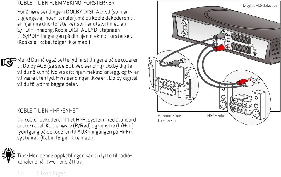 Du må også sette lydinnstillingene på dekoderen til Dolby AC3 (se side 31). Ved sending i Dolby digital vil du nå kun få lyd via ditt hjemmekino-anlegg, og tv-en vil være uten lyd.