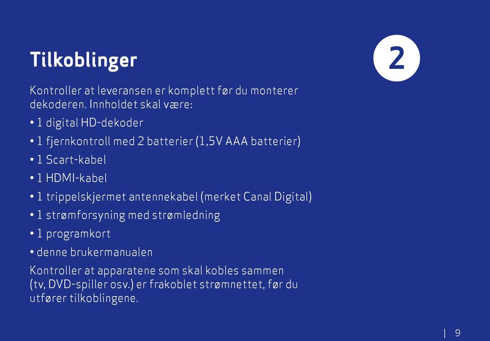 HDMI-kabel 1 trippelskjermet antennekabel (merket Canal Digital) 1 strømforsyning med strømledning 1 programkort