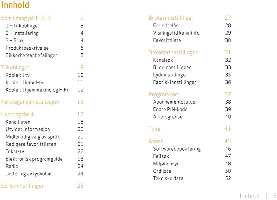 Justering av lydvolum 24 Språkinnstillinger 25 Brukerinnstillinger 27 Foreldrelås 28 Visningstid kanalinfo 29 Favorittliste 30 Dekoderinnstillinger 31 Kanalsøk 32 Bildeinnstillinger 33