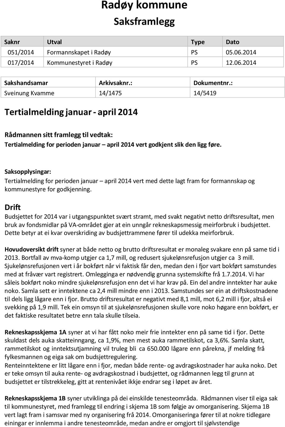 Saksopplysingar: Tertialmelding for perioden januar april 2014 vert med dette lagt fram for formannskap og kommunestyre for godkjenning.
