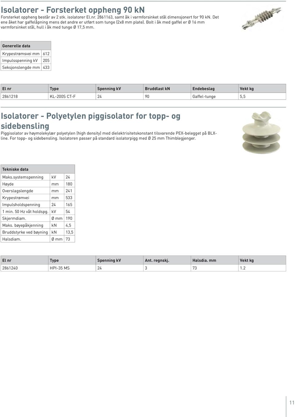 Generelle data Krypestrømsvei mm 612 Impulsspenning kv 205 Seksjonslengde mm 433 El nr Type Spenning kv Bruddlast kn Endebeslag Vekt kg 2861218 KL-200S CT-F 24 90 Gaffel-tunge 5,5 Isolatorer -