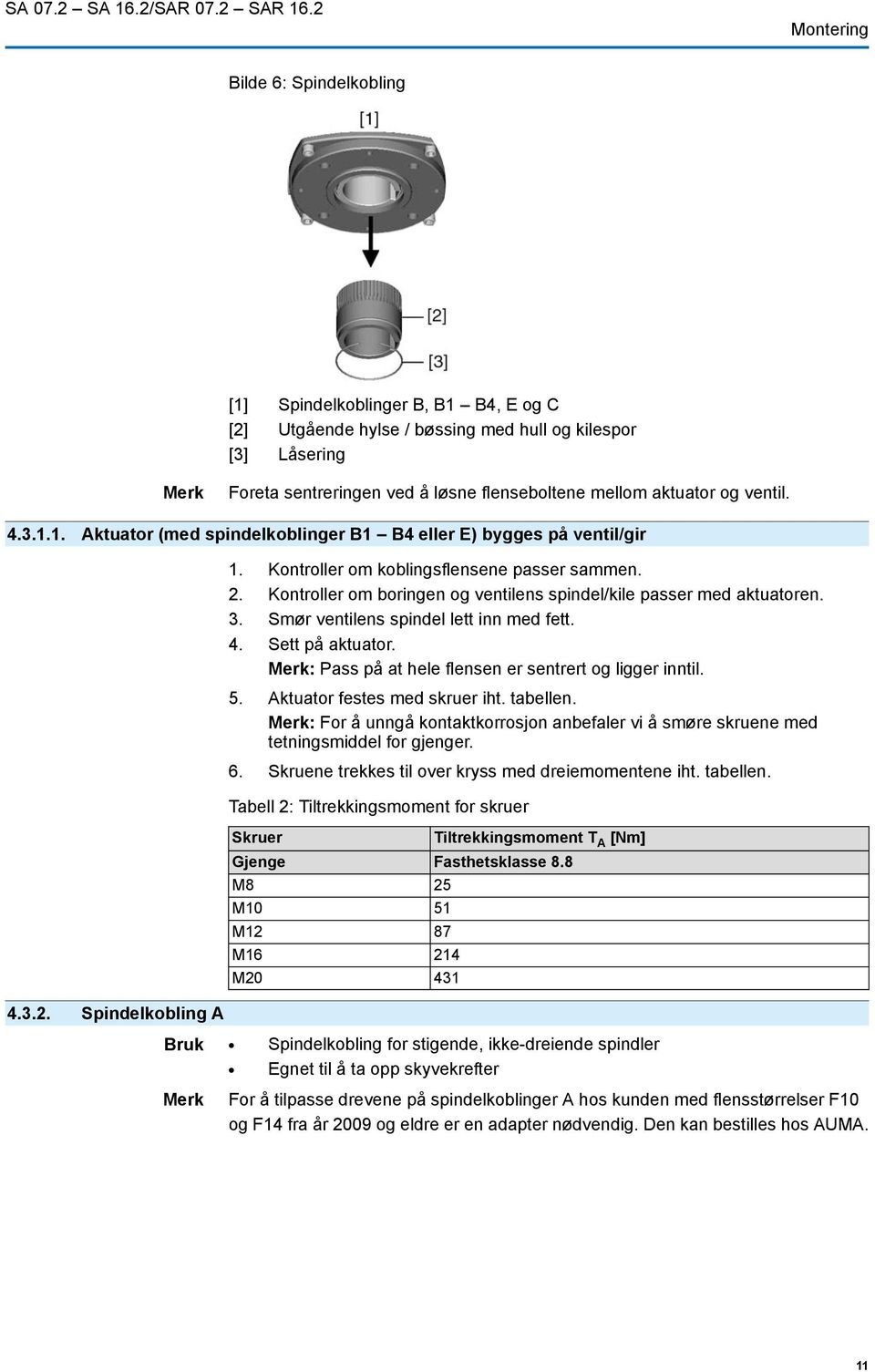 aktuator og ventil. 4.3.1.1. Aktuator (med spindelkoblinger B1 B4 eller E) bygges på ventil/gir 1. Kontroller om koblingsflensene passer sammen. 2.