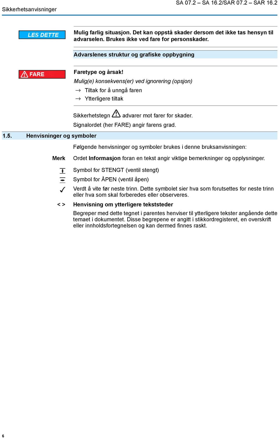 1.5. Henvisninger og symboler Signalordet (her FARE) angir farens grad.