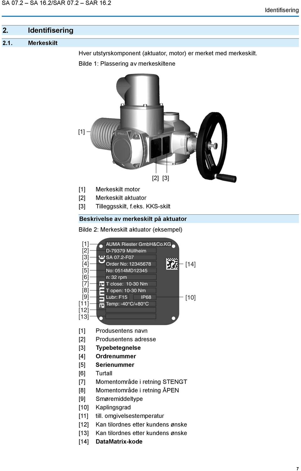 KKS-skilt Beskrivelse av merkeskilt på aktuator Bilde 2: Merkeskilt aktuator (eksempel) [1] Produsentens navn [2] Produsentens adresse [3] Typebetegnelse [4] Ordrenummer